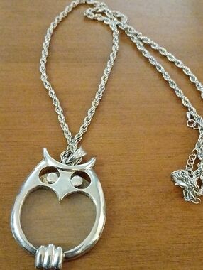 Silver Tone Owl Pendant 2" W /Rope Chain Necklace - Women's Jewelry